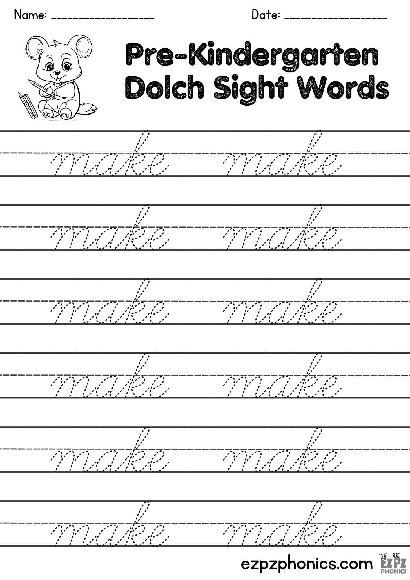 The Word Make Cursive Writing Practice – Pre-K Dolch Sight Words Free PDF Download